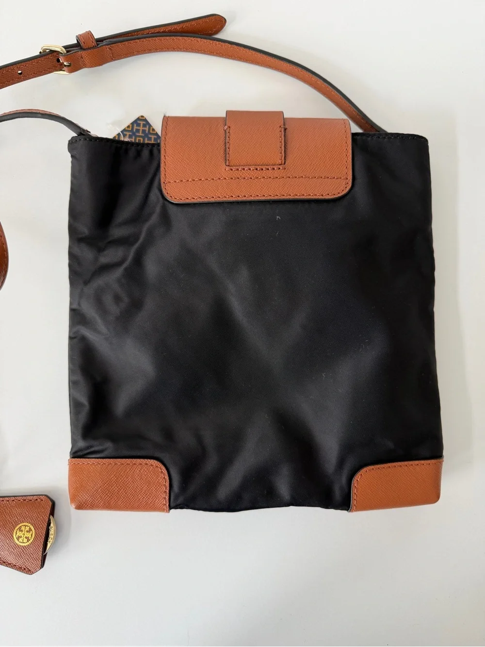 Tory Burch Black Nylon Crossbody with Brown Leather Trim